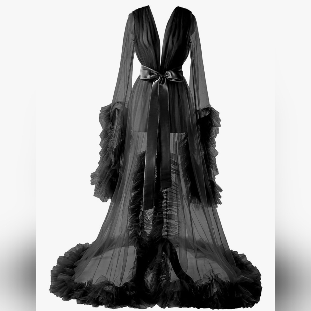 Stunning Black Sheer Ruffle Robe / Gown – Glamorous Vintage-Inspired Lingerie